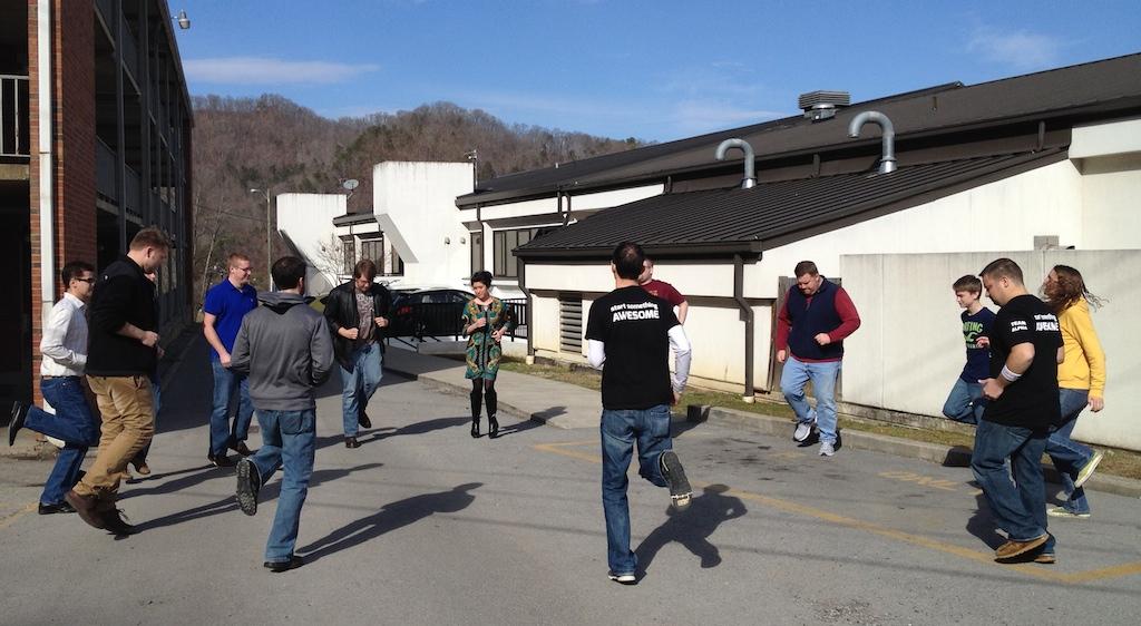 Awesome Inc U participants take a stretch break on UPike campus