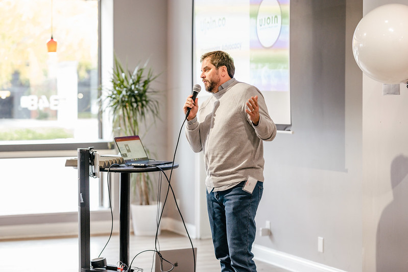 Kory Payne, Founder of UJoin, at Fellowship Demo Day in October Kory Payne, Founder of UJoin, tells the crowd about his company.