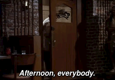 Norm from Cheers walks into the bar and is greeted by name